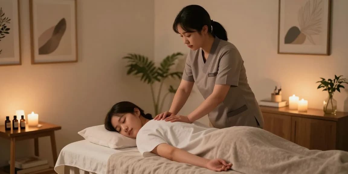 Relaxing 강남출장마사지 at home with a professional therapist creating a soothing atmosphere.