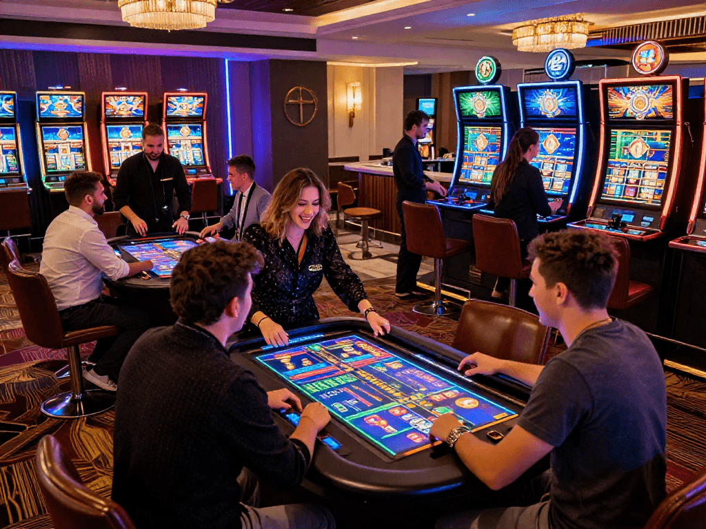 Engaged players at a modern crypto casino, showcasing vibrant gaming and crypto elements.