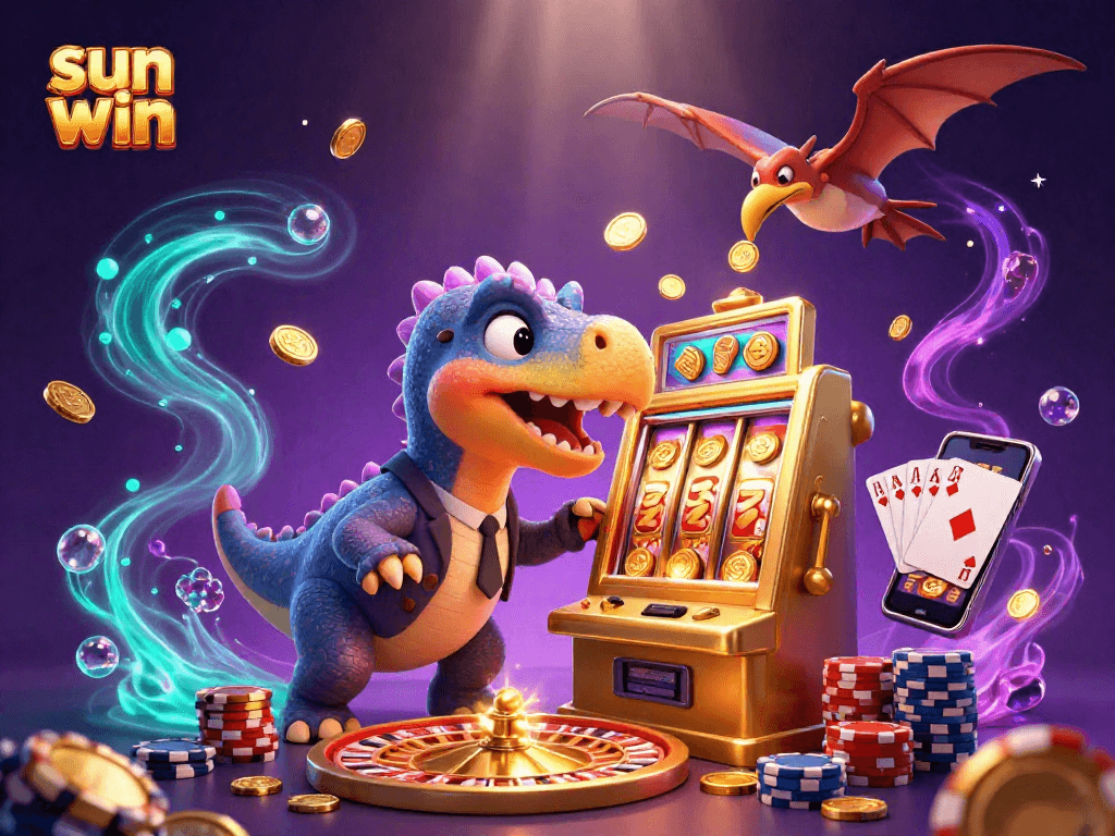 Experience the thrill of sun win as a pachycephalosaurus wins a jackpot, surrounded by coins and gaming elements.