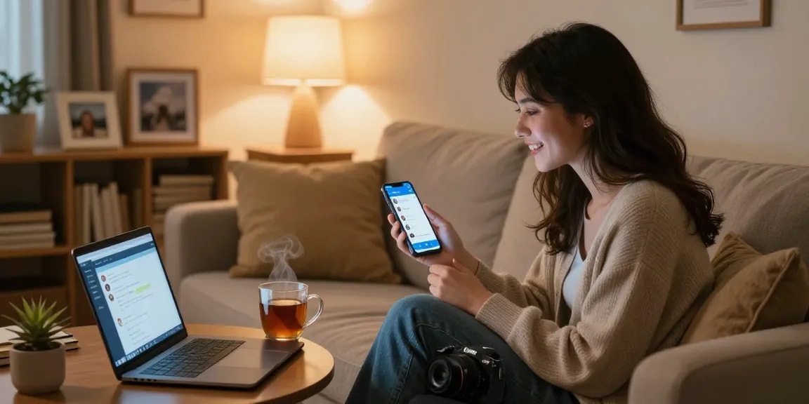 Young woman chatting with her girlfriend AI on smartphone in cozy living room.