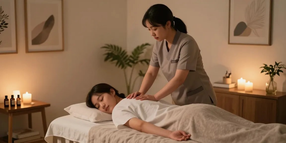 Relaxing 강남출장마사지 at home with a professional therapist creating a soothing atmosphere.