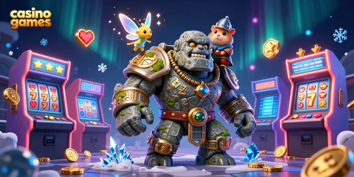 Engage in exciting casino games with a vibrant 3D scene featuring a golem, fairy, and hamster knight.