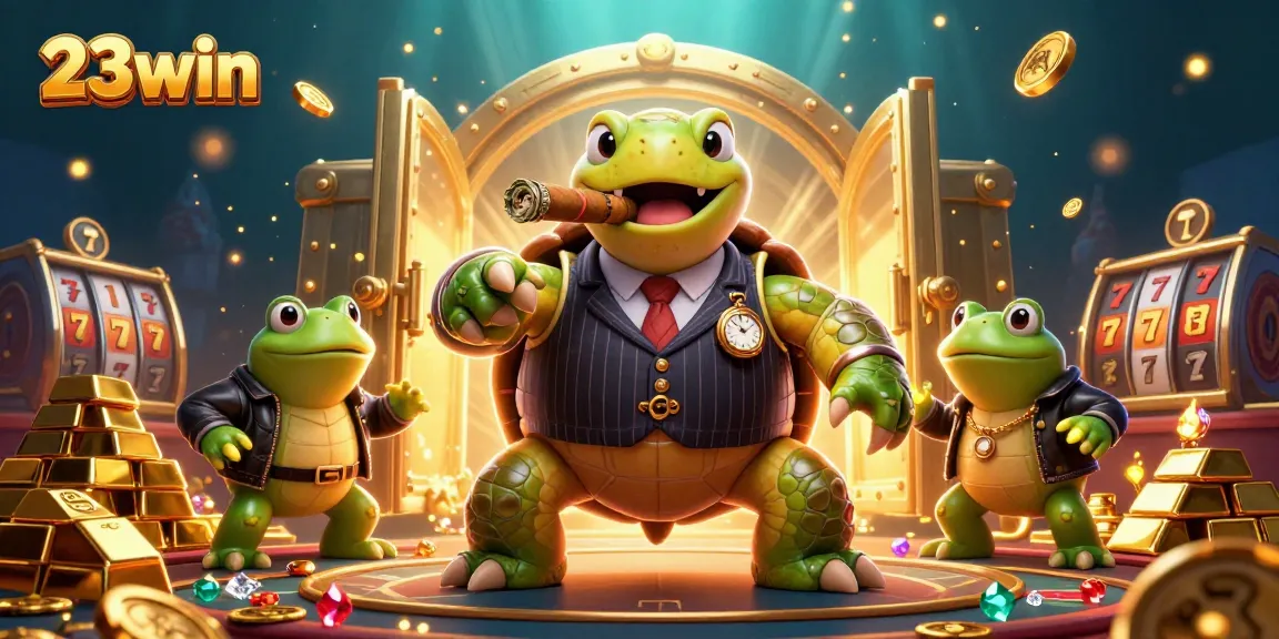 Engage with 23win's exciting casino atmosphere featuring a snapping turtle mobster amidst vibrant slot elements.
