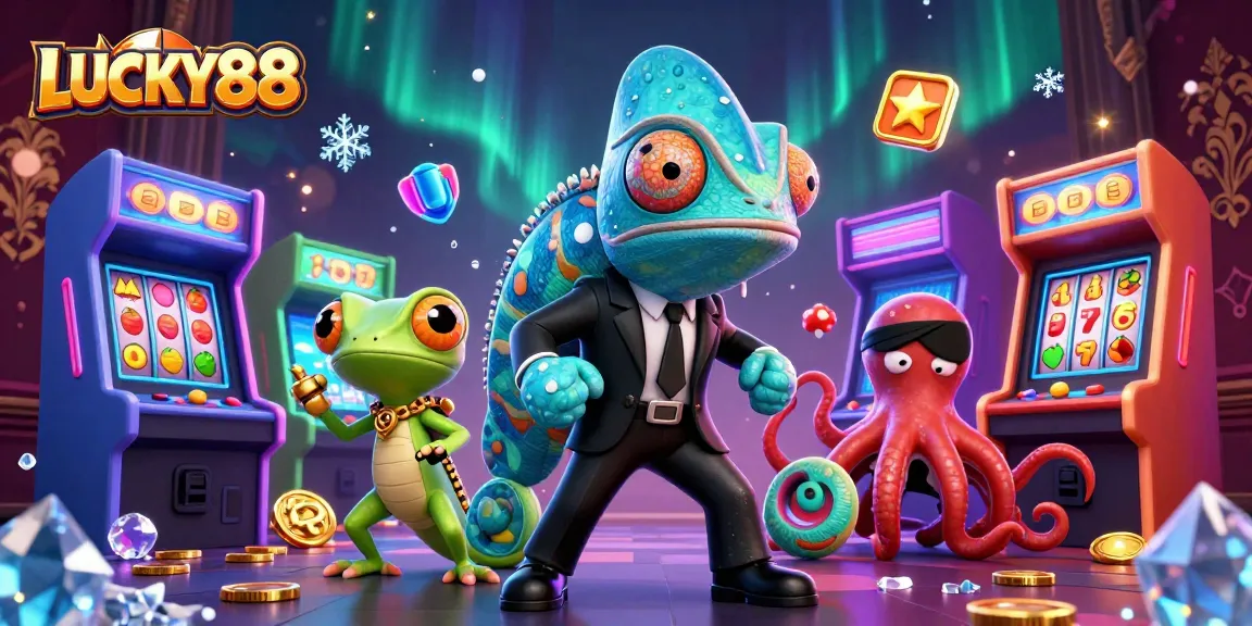 Engage with LUCKY88's vibrant slot machines and characters in a captivating scene.