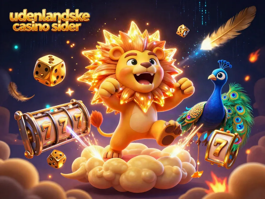 Experience the thrill of udenlandske casino sider with golden dice and a majestic lion amidst vibrant gameplay elements.