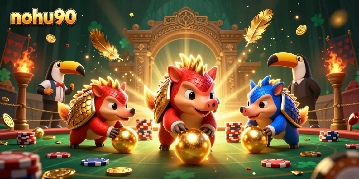 Nohu90 pangolins compete in a vibrant casino scene with poker chips and golden elements.
