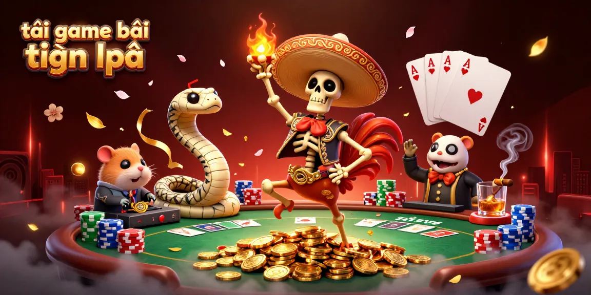 Play exciting tải game bài tiến lên with vibrant characters dancing over golden coins, surrounded by poker elements.