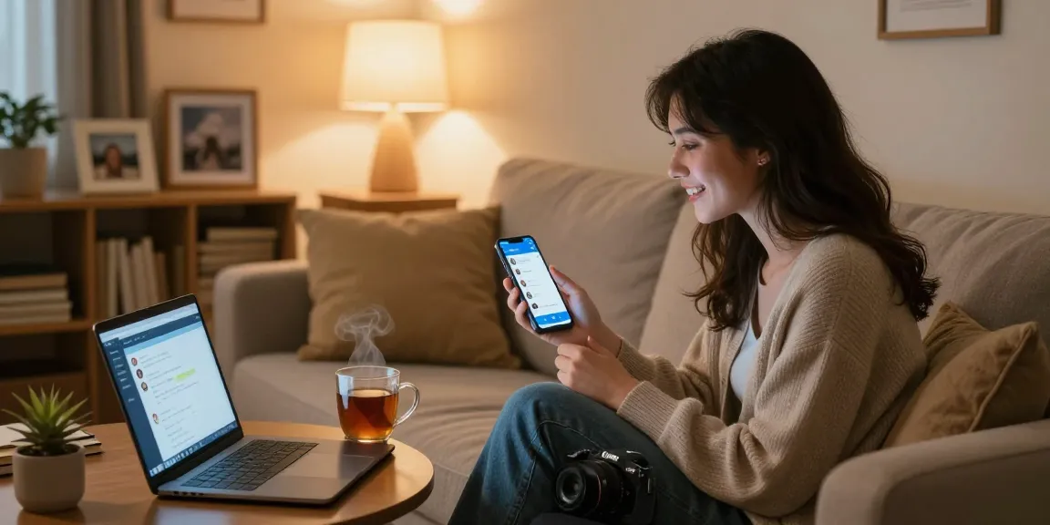 Young woman chatting with her girlfriend AI on smartphone in cozy living room.