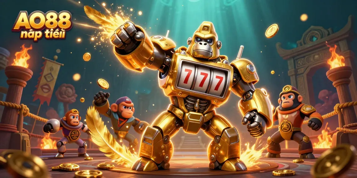 Engage with AO88 nạp tiền in this vibrant 3D illustration of a transformer mech and golden coins.