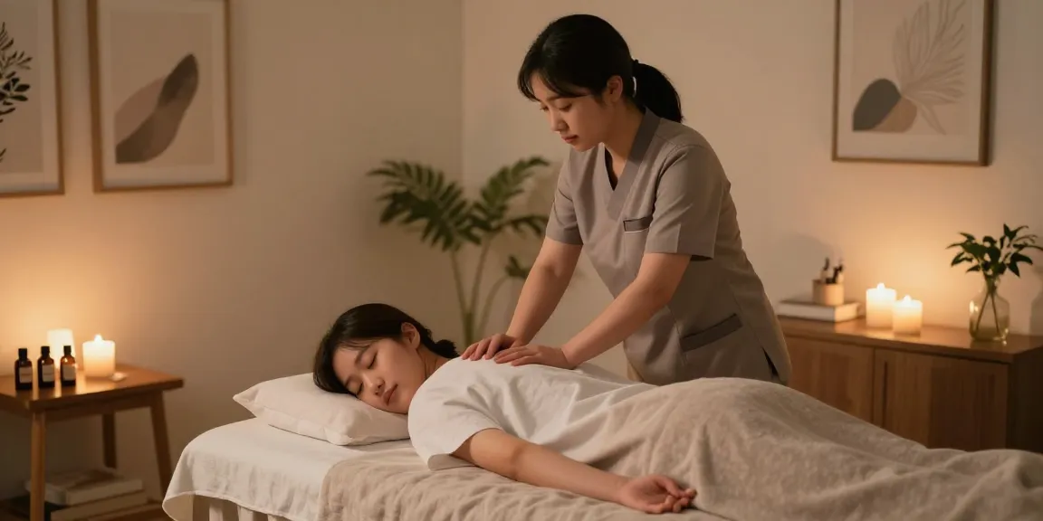 Relaxing 강남출장마사지 at home with a professional therapist creating a soothing atmosphere.