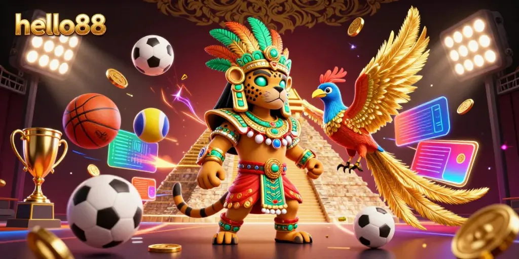Experience thrilling bets at hello88 with a vibrant Mayan scene infused with sports energy.