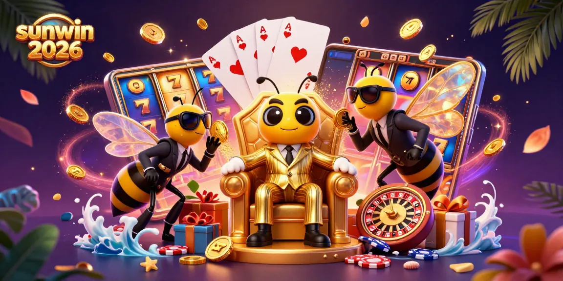 Win big with sunwin 2026 in a lively casino scene filled with games and vibrant symbols.