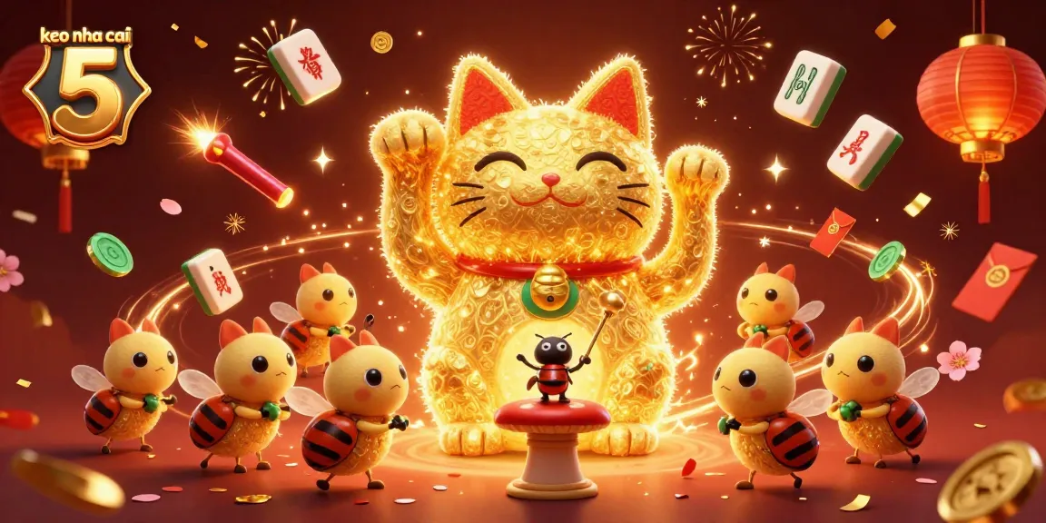 Engage with keo nha cai 5 featuring a lucky cat and dynamic casino elements in vibrant celebration.