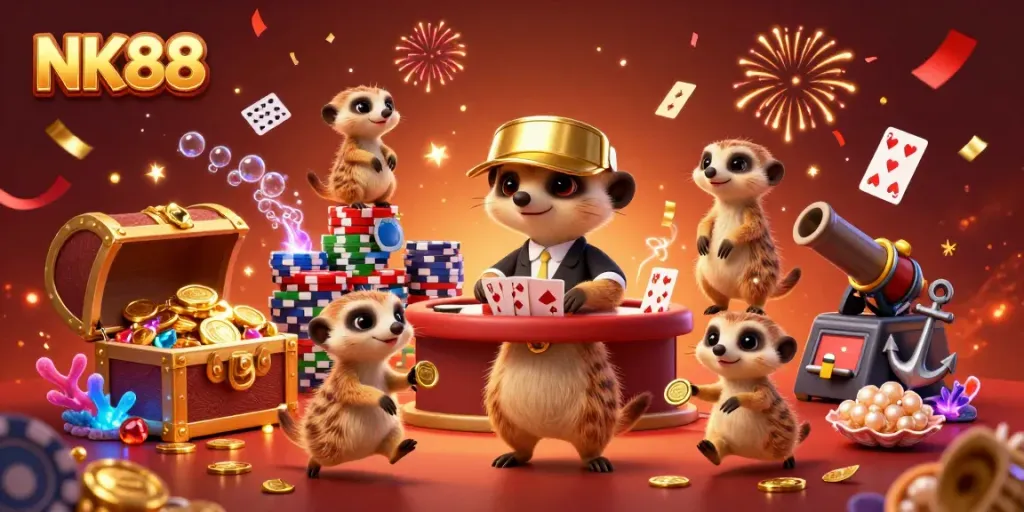 Experience the vibrant NK88 casino atmosphere with lively meerkats engaging in gaming activities amidst treasure and confetti.