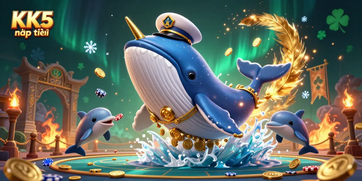 Engage in thrilling gameplay with KK5 nạp tiền featuring a whale, narwhal, and dolphins with poker chips.
