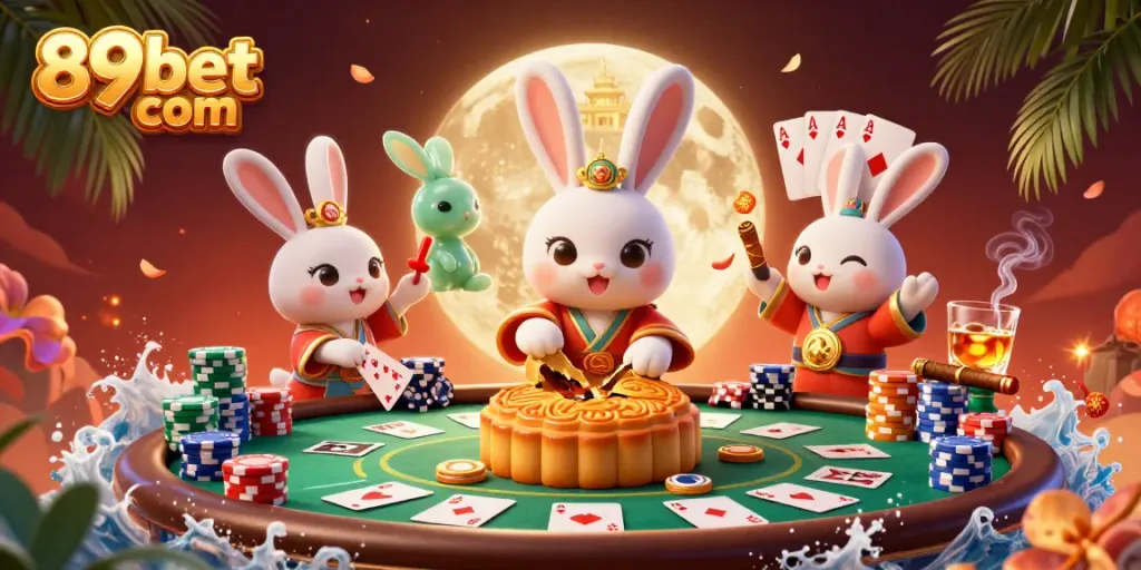 Experience excitement at 89bet com with a lively poker scene featuring a moon rabbit, poker chips, and more.