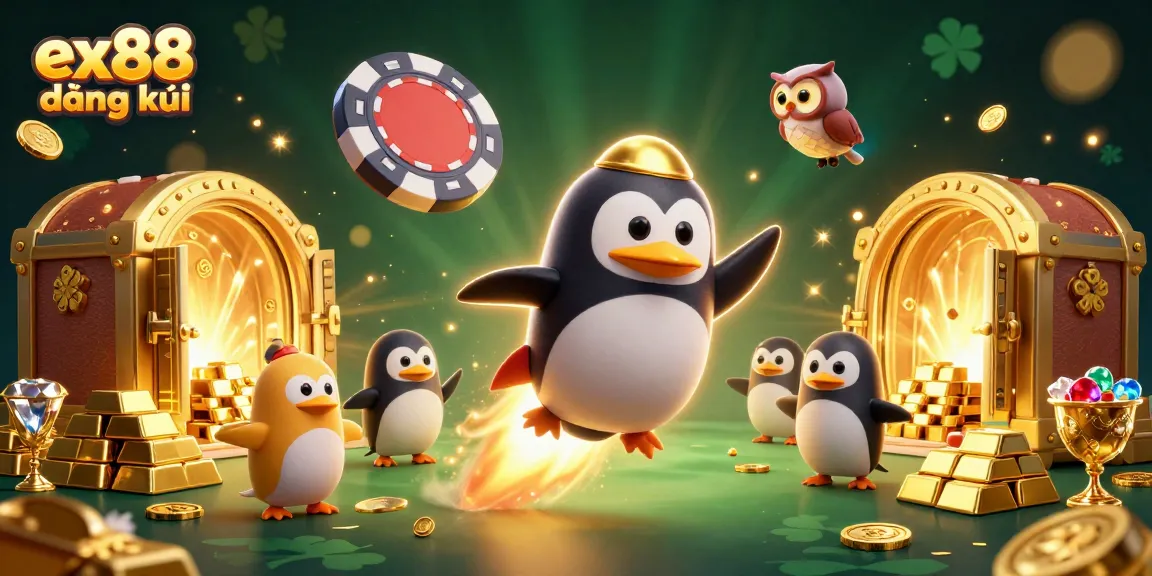 Experience the thrill of gaming with ex88 đăng ký through a dynamic illustration featuring a golden penguin and casino elements.
