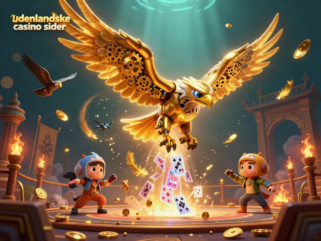 Engage with udenlandske casino sider featuring a cybernetic eagle amidst holographic casino elements.