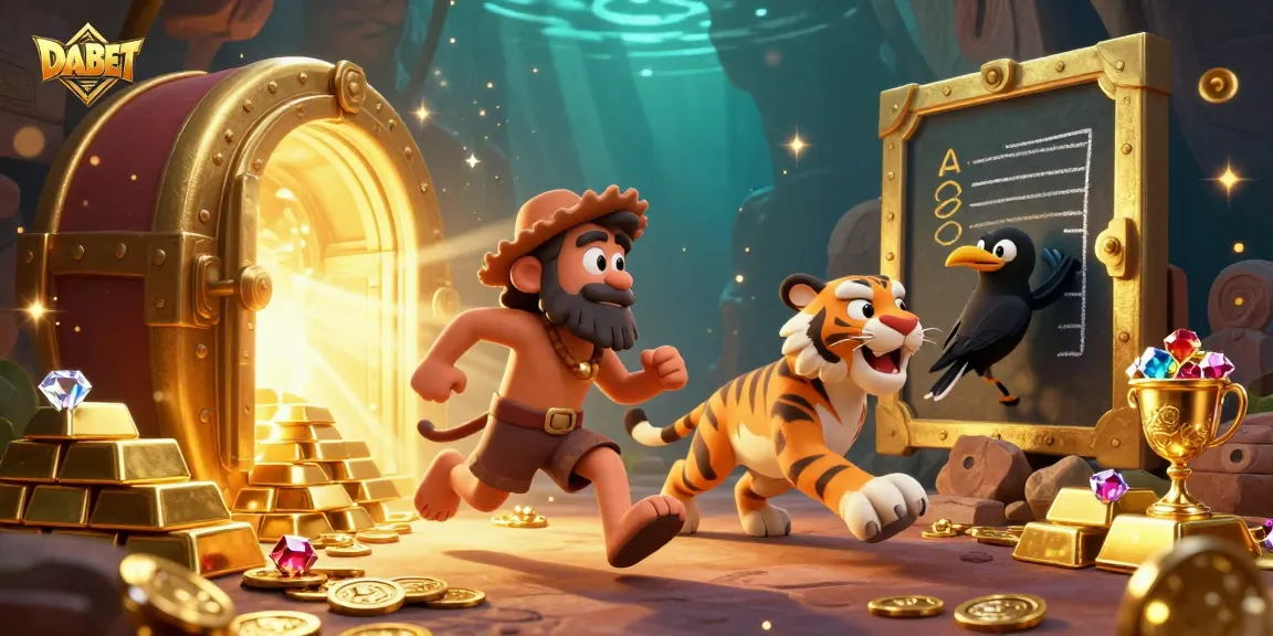 DABET immersive 3D casino adventure with caveman and sabertooth, surrounded by treasure.