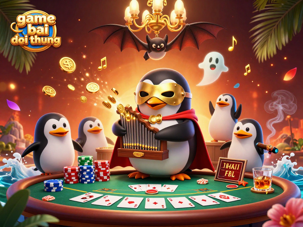 Experience the excitement of game bai doi thuong with a penguin playing an organ shooting coins at a vibrant casino scene.