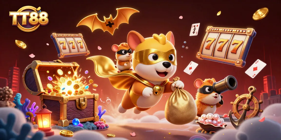 Experience thrilling wins at TT88 with a dynamic scene of casino excitement featuring playful characters and vibrant elements.
