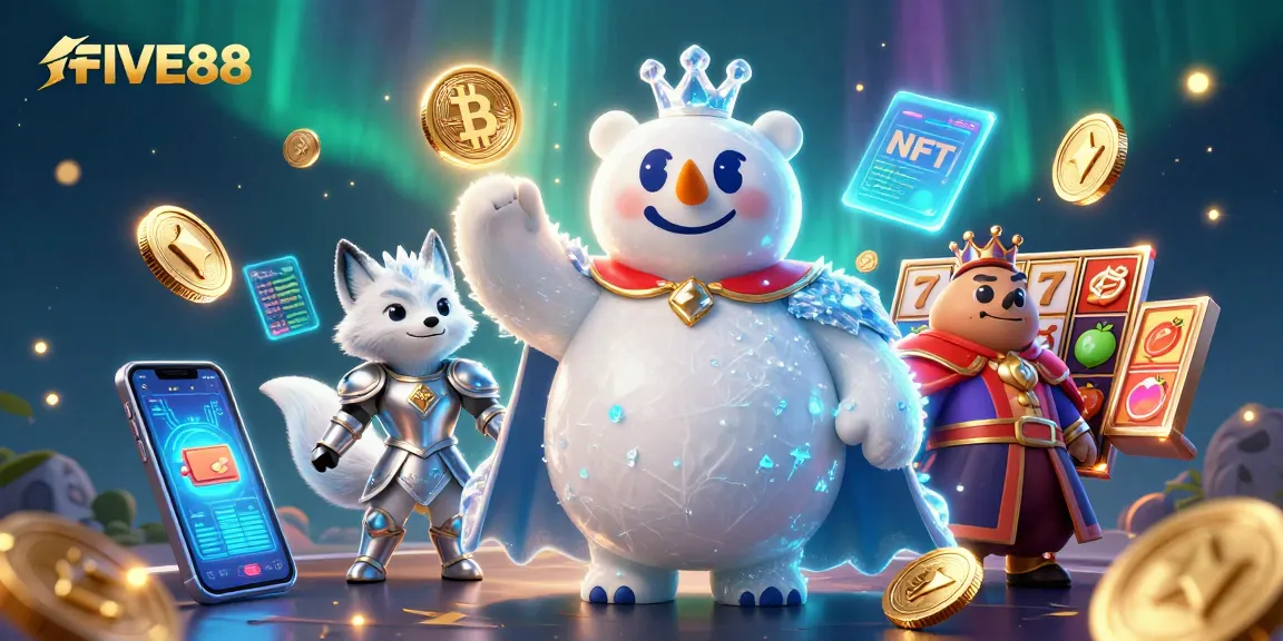 Play exciting games at FIVE88 with a 3D polar bear and sleek silver fox, featuring vibrant slot elements.