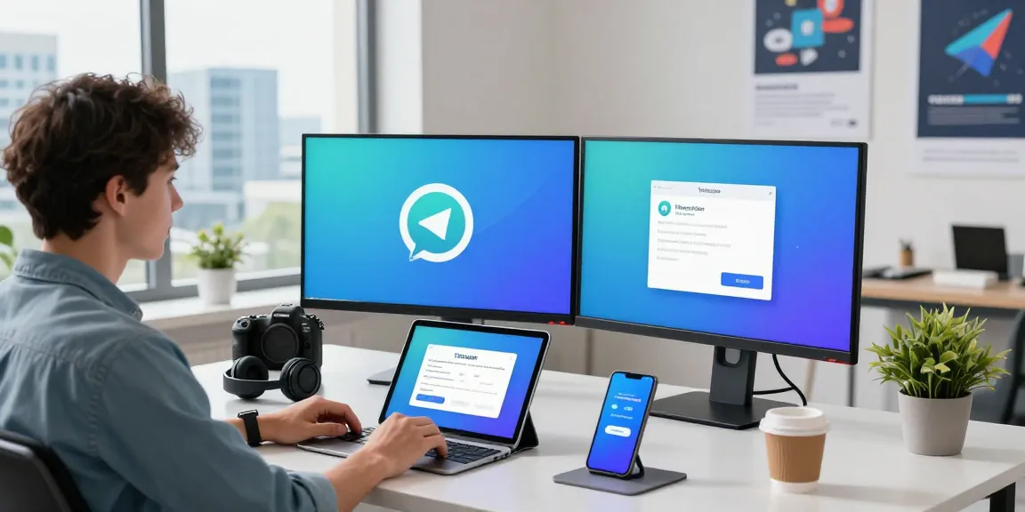 Telegram Download showcasing a modern workspace with multiple screens and tech accessories.