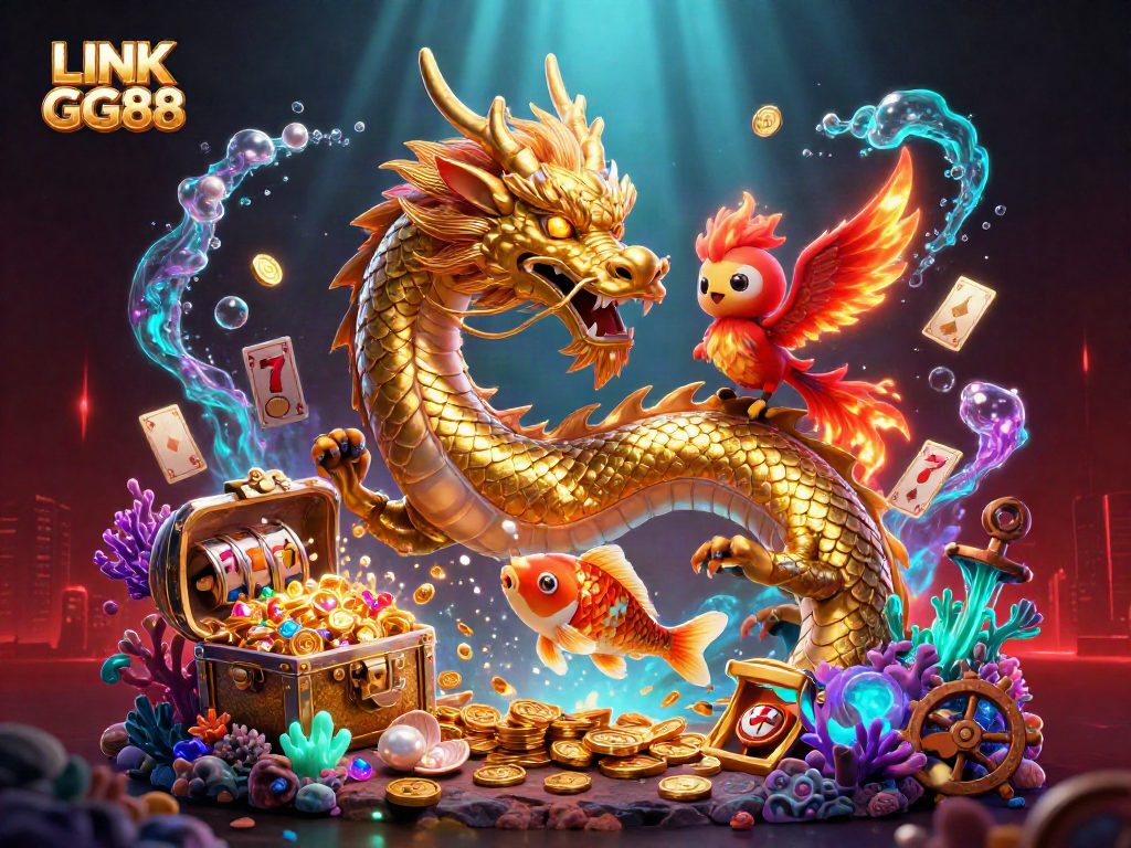 Experience thrilling wins with LINK GG88 as the golden dragon, phoenix, and koi fish come alive in a dazzling casino scene.