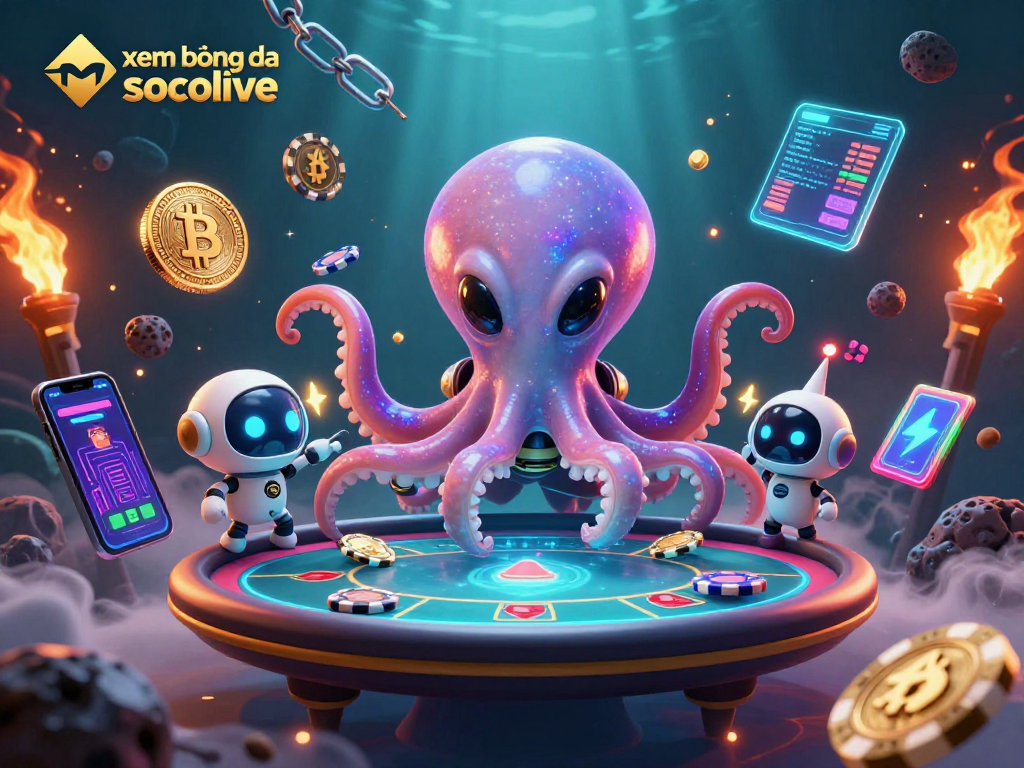 Xem bóng đá socolive from a vibrant 3D scene featuring an alien octopus at a poker table with animated crypto elements.