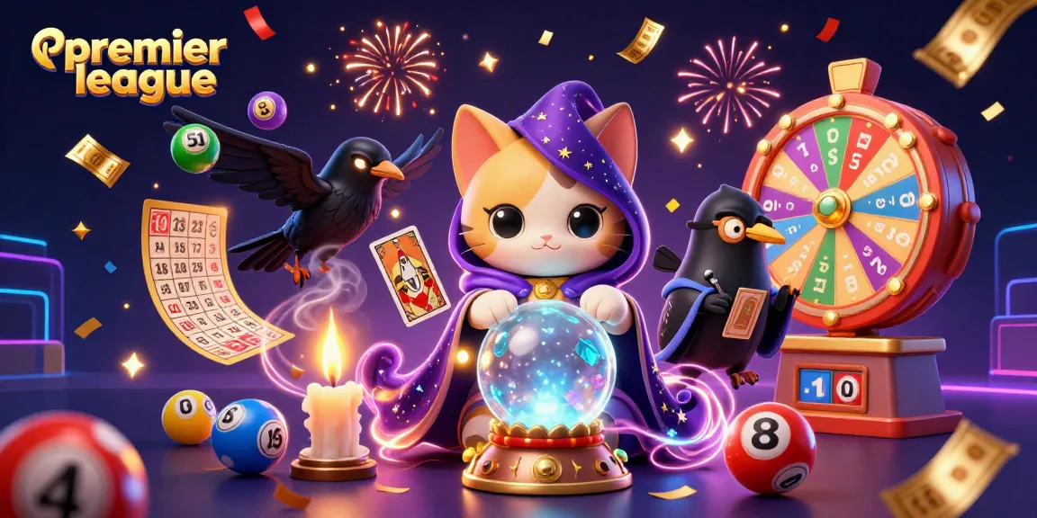 Engage with premier league excitement through the mystic fortune teller cat and tarot raven amidst vibrant gambling elements.