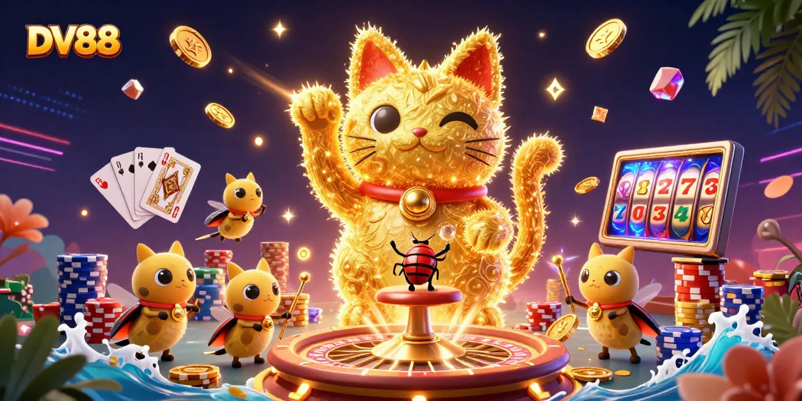 Experience the vibrant energy of DV88 with 3D casino characters and symbols illuminating the scene.
