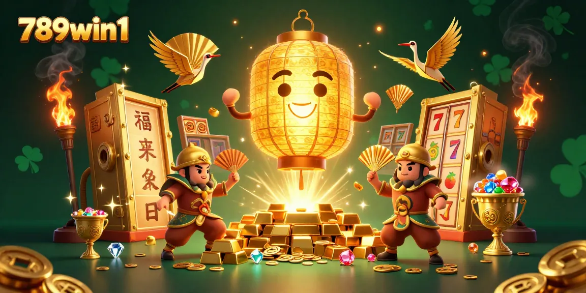 Engage with 789win1's vibrant casino world featuring a giant lantern spirit and treasures.