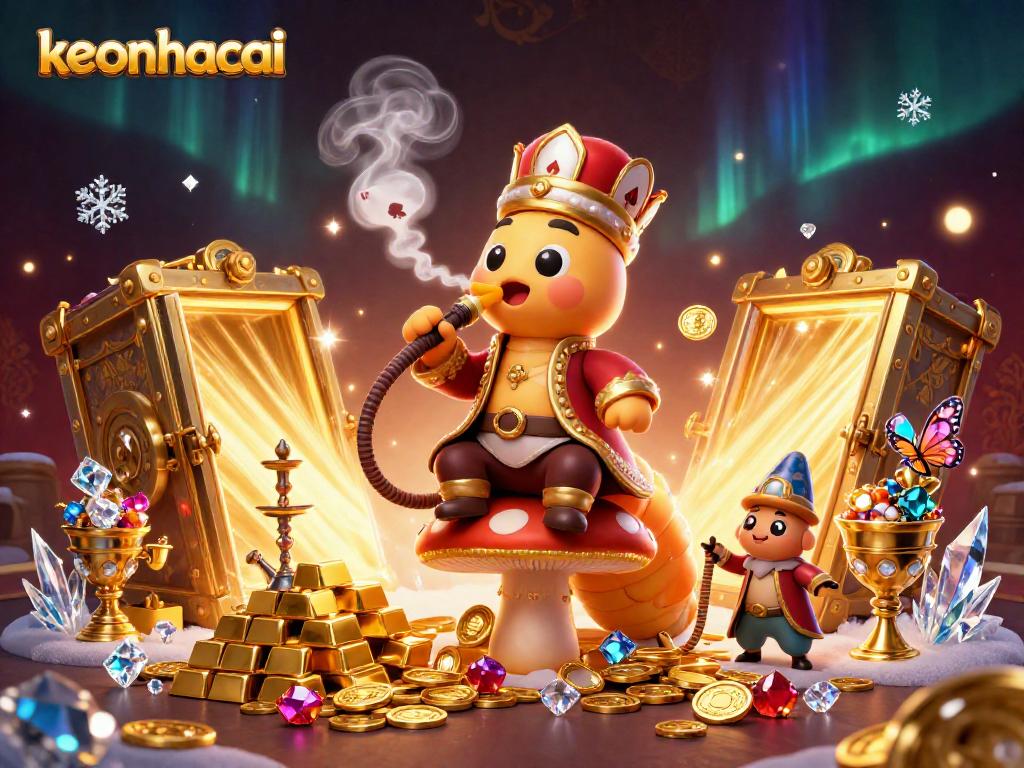 Experience thrilling keonhacai gameplay illustrated by a 3D caterpillar smoking poker hands, surrounded by gold and jewels.