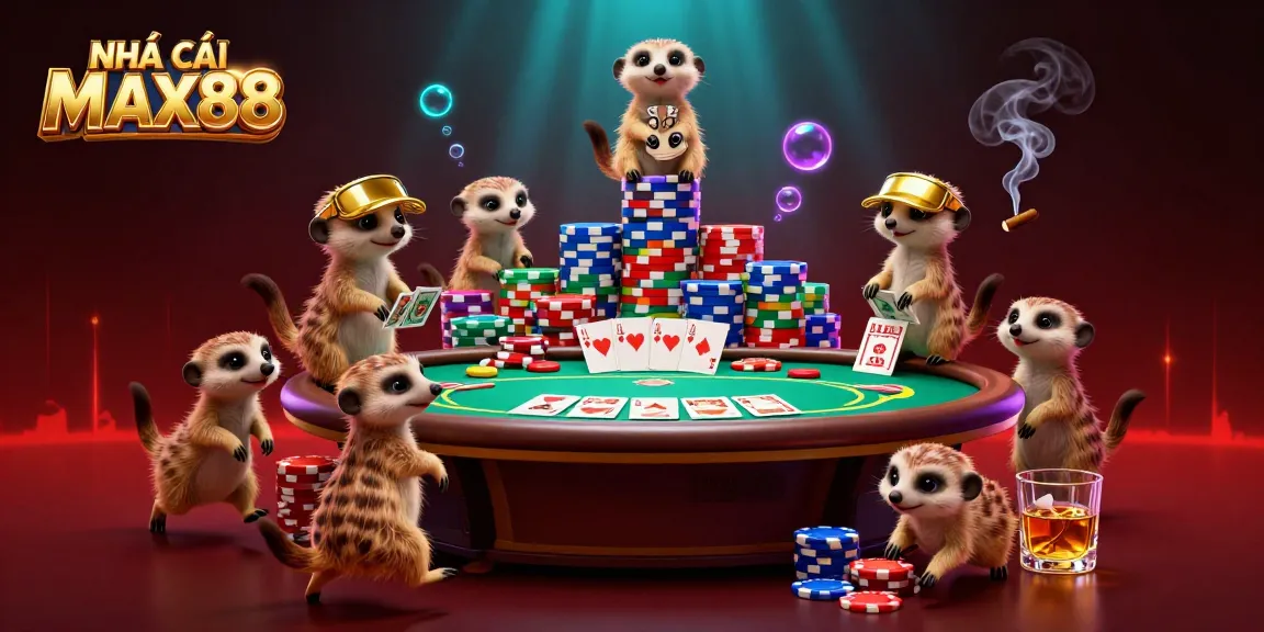 Experience the excitement of NHÀ CÁI MAX88 with playful meerkats running a vibrant casino scene.