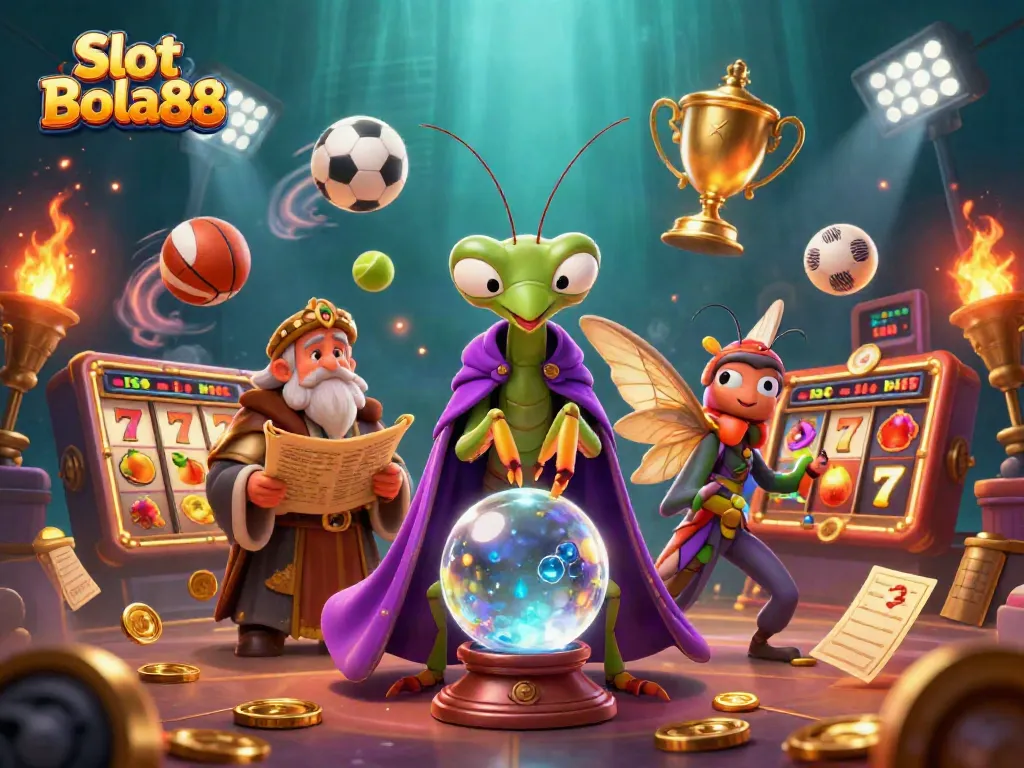 Witness thrilling action at Slot Bola88 with a sparkling crystal ball, sports elements, and enchanting characters.