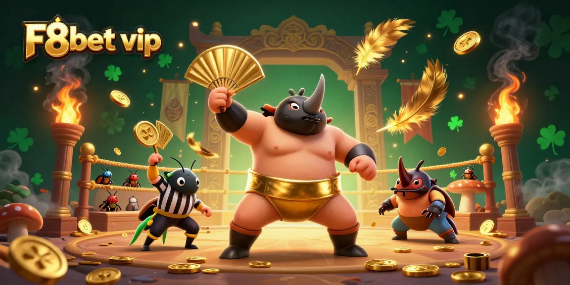 Engage in thrilling gameplay with F8bet vip showcasing a dynamic scene of a sumo champion beetle.