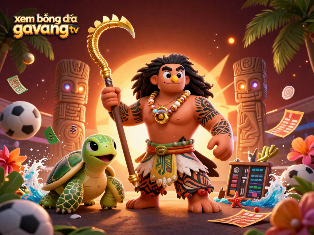 Engage in xem bóng đá gavangtv with a vibrant scene featuring a demigod and a turtle amidst lively sports betting elements.