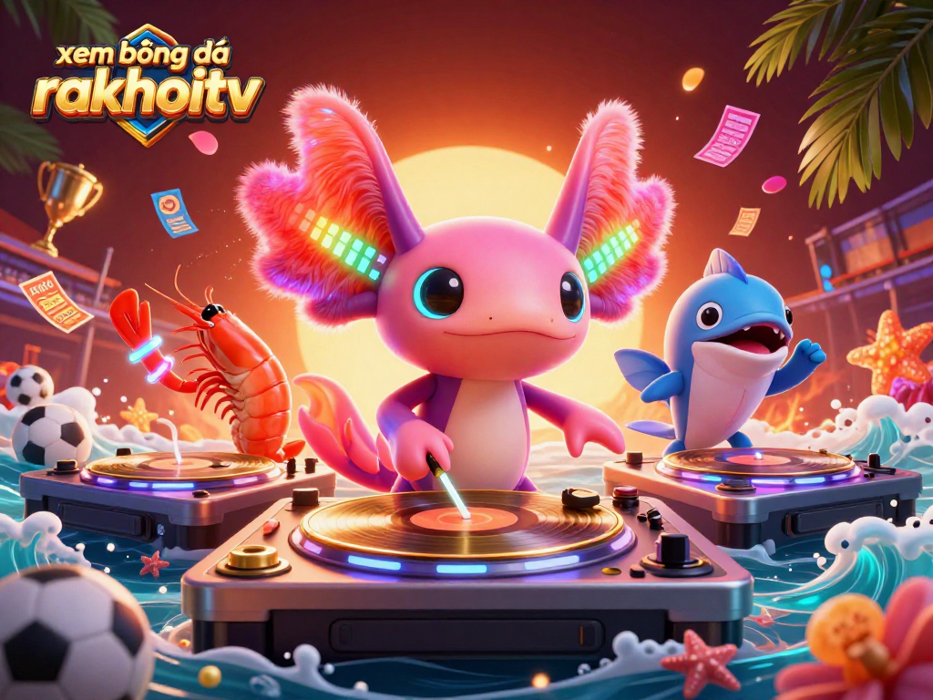 xem bóng đá rakhoitv experience with vibrant digital sports atmosphere and lively characters.