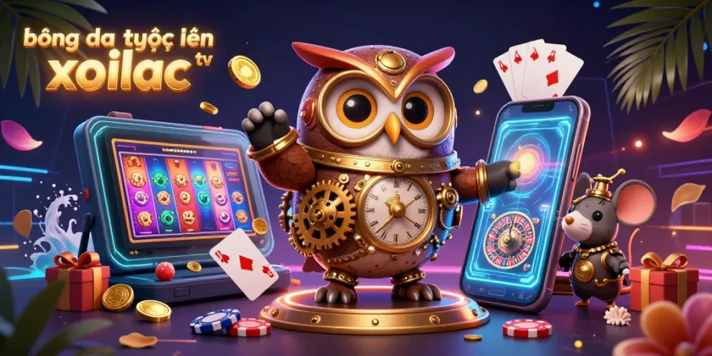 bóng đá trực tuyến xoilac tv features a vibrant 3D casino scene with lively characters and gaming elements.
