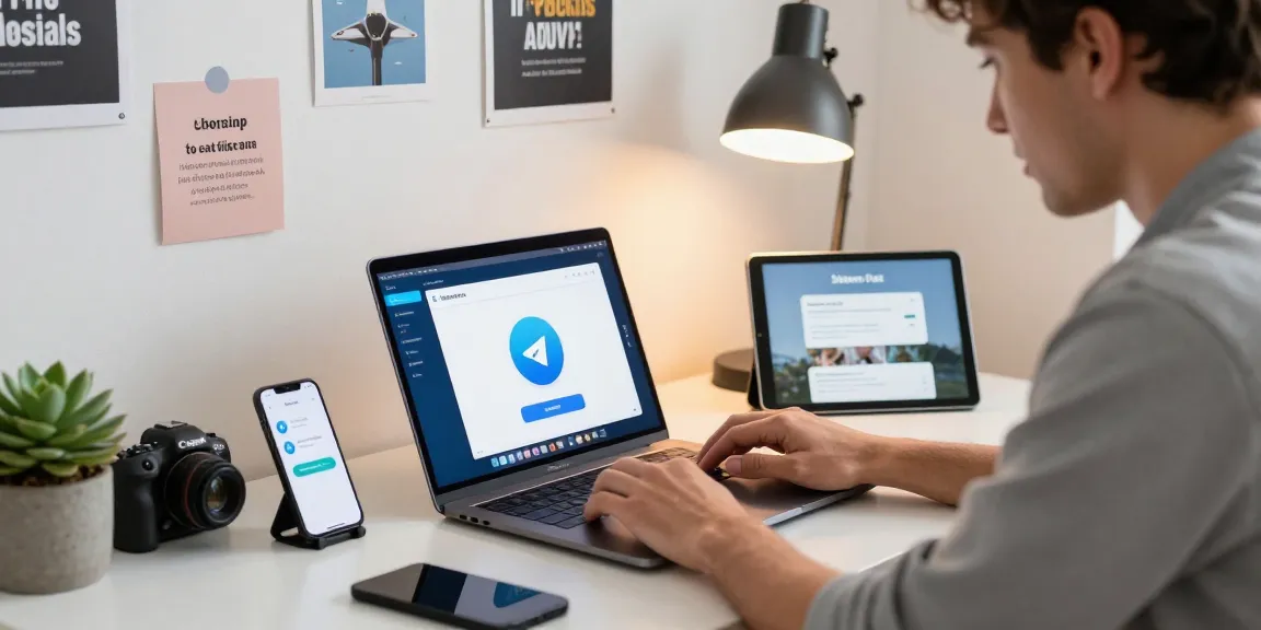 Download Telegram on a sleek tech workspace with multiple devices and a focused user