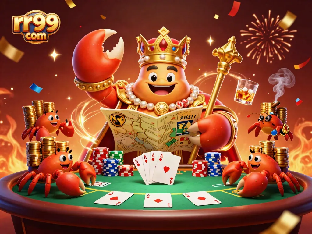 Engage with rr99 com: Experience the vibrant online casino scene with the golden crab emperor and poker chips.