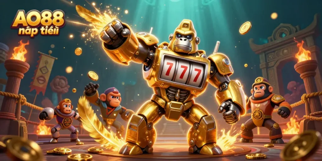 Engage with AO88 nạp tiền in this vibrant 3D illustration of a transformer mech and golden coins.