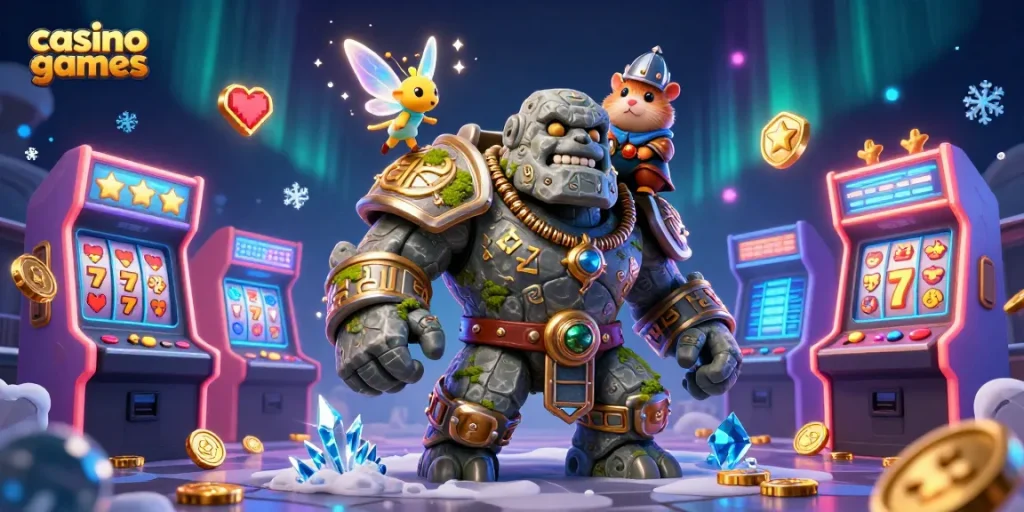 Engage in exciting casino games with a vibrant 3D scene featuring a golem, fairy, and hamster knight.
