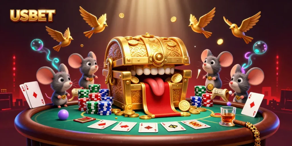 Engage in electrifying casino action with USBET, featuring a vibrant poker scene.
