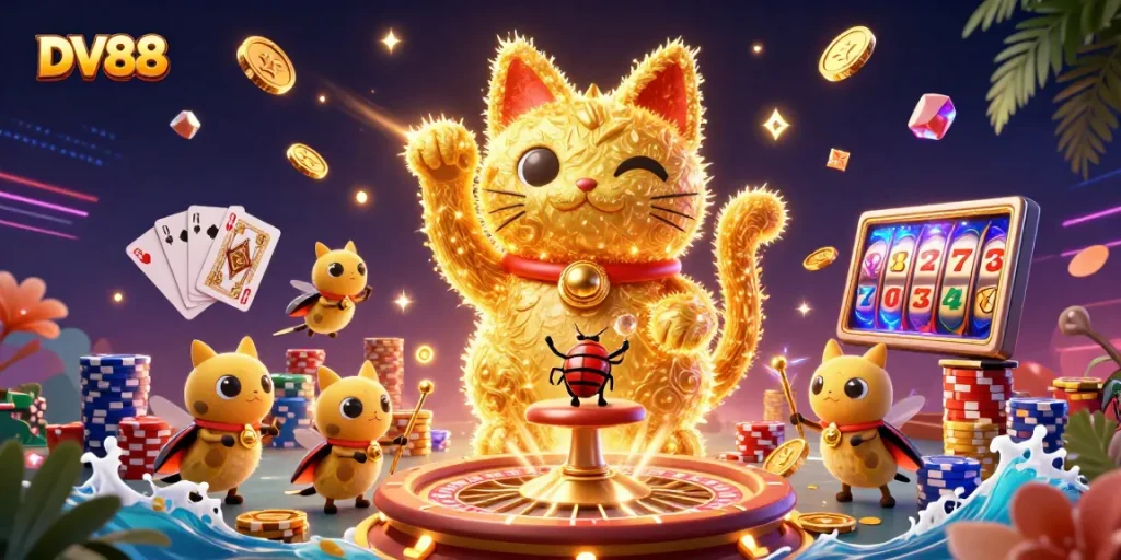 Experience the vibrant energy of DV88 with 3D casino characters and symbols illuminating the scene.